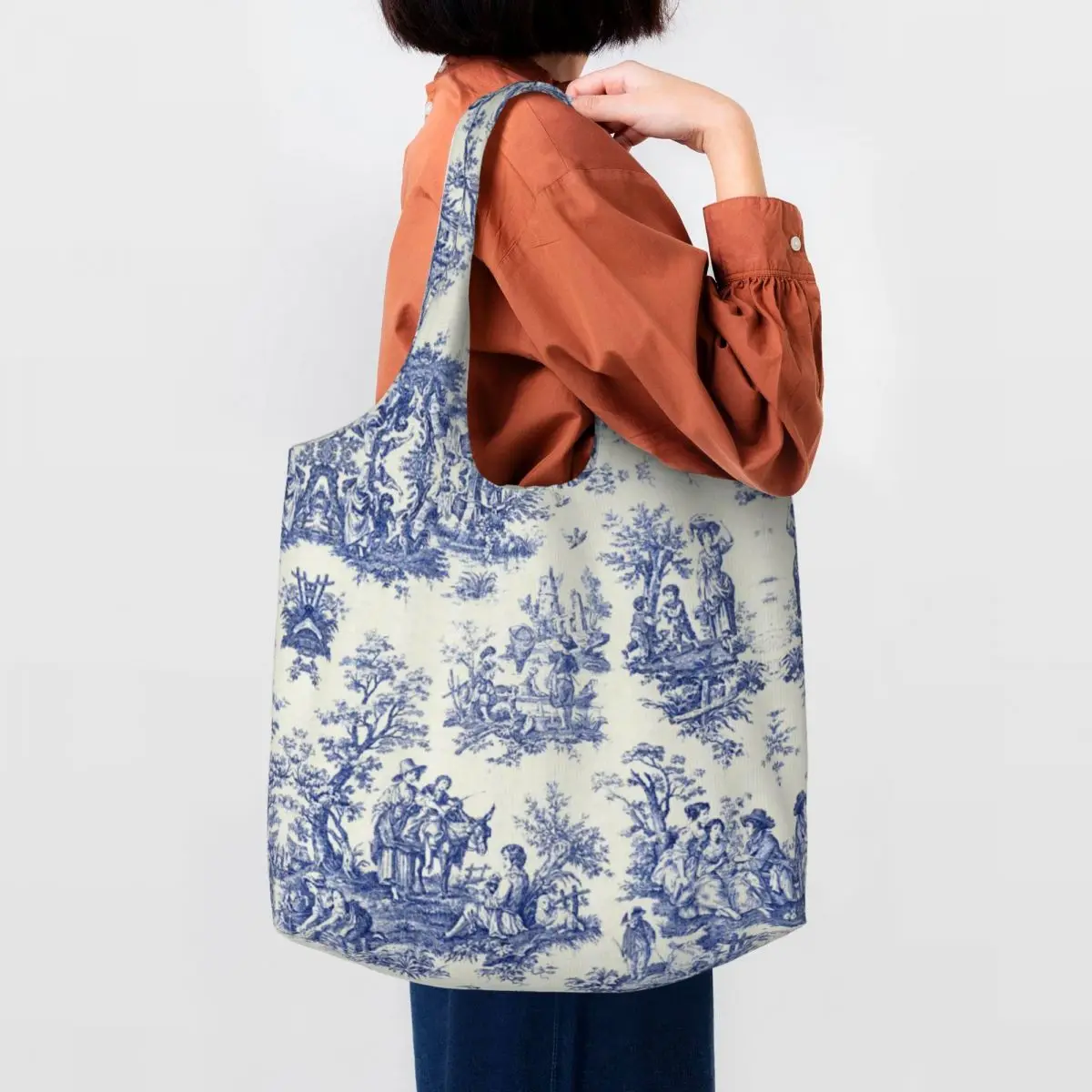 Custom French Navy Blue Toile De Jouy Motif Shopping Bag Canvas Shoulder Tote Bag Portable Traditional Groceries Shopper Bags