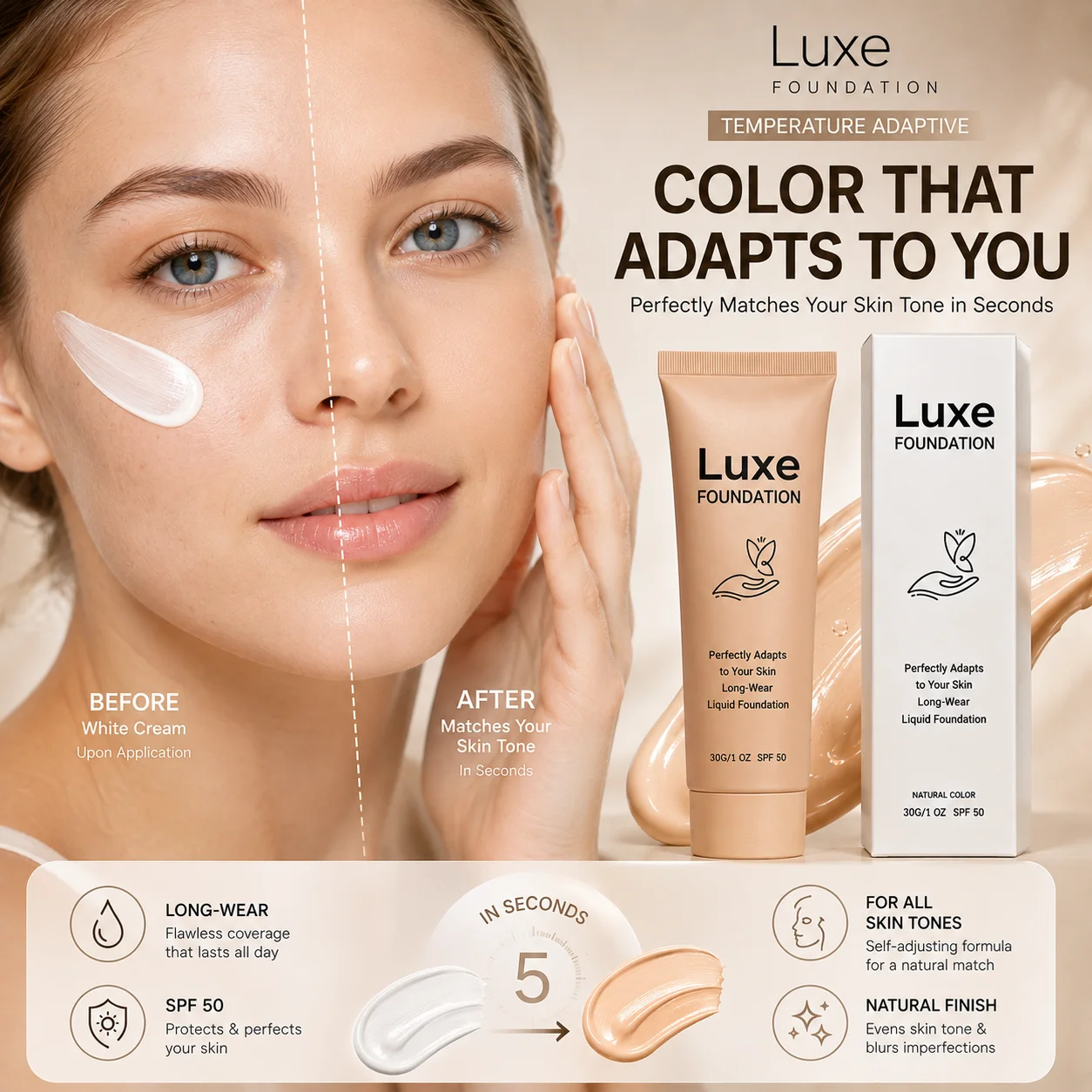 Color Changing Liquid Foundation SPF 50 Self Adjusting Tone Matching Full Coverage Concealer Long Lasting Moisturizing Makeup