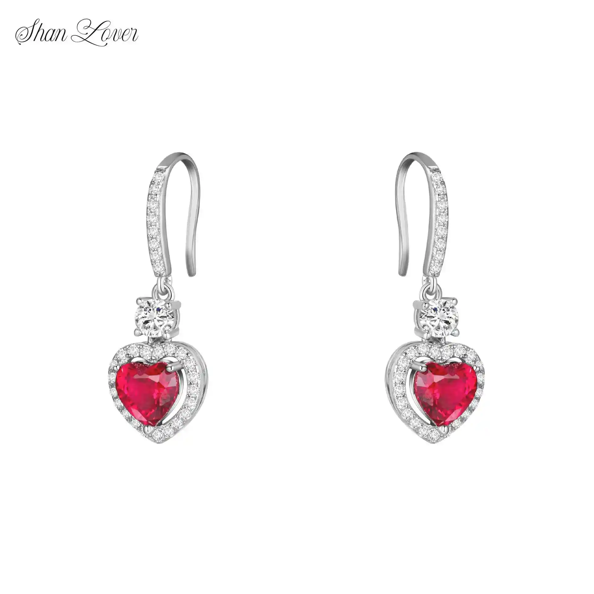 

ShanLover Brand 925 Sterling Silver Heart Earrings Woman Red Gemstone Pure Silver Platinum Plated Luxury Drop Earrings Jewelry