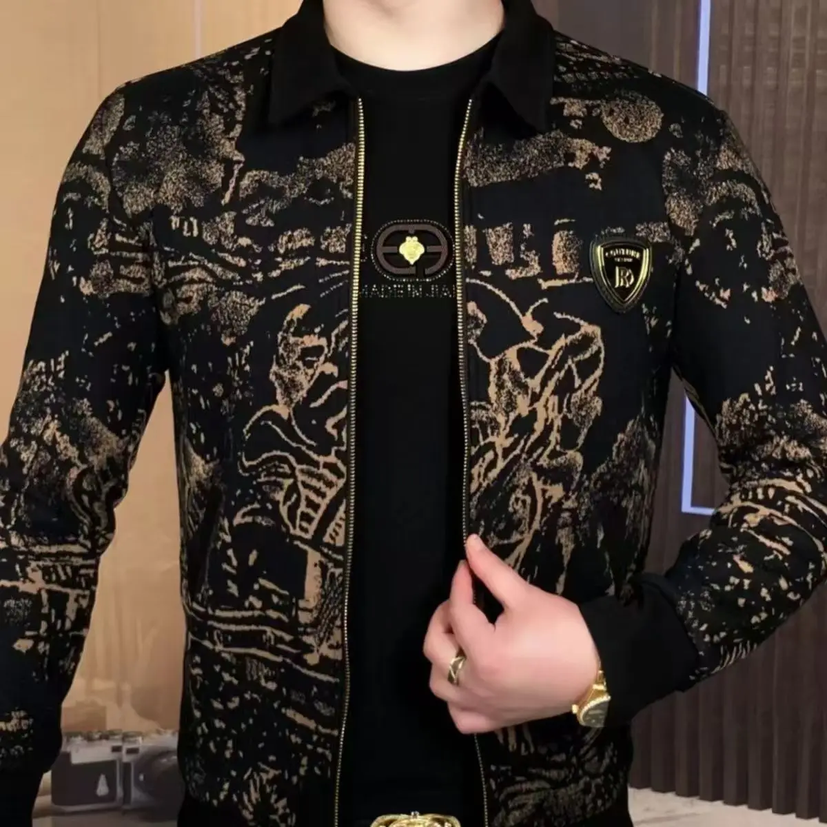 Men's Autumn/Winter Printed Jacket Men's Fashion New Style Personalized Handsome Collar Trendy Casual Versatile Coat