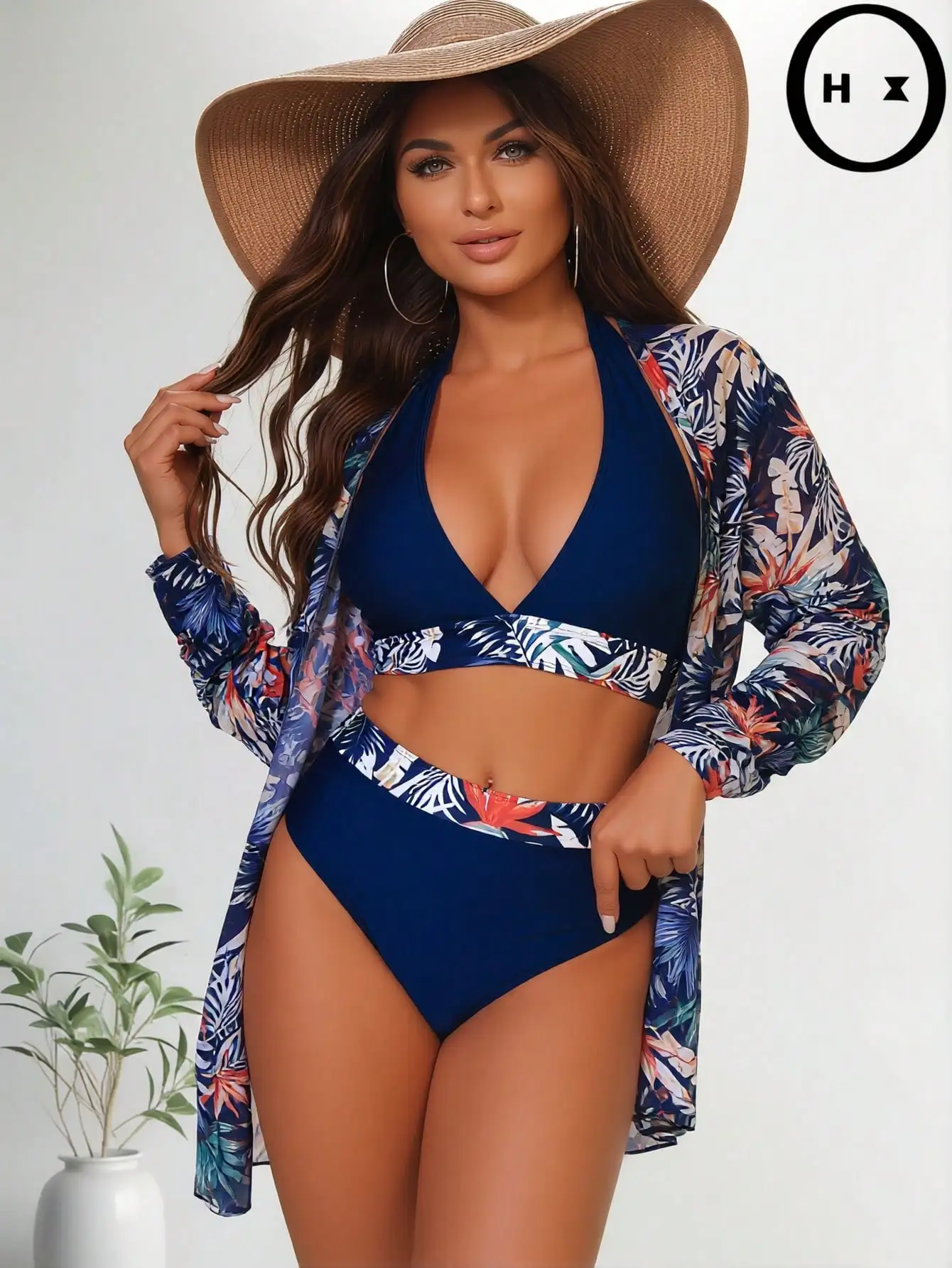 2026 New Tropical Palm Print 3 Piece Bikini Set, Halter Deep V High Waist Bikini with Long Sleeve Mesh Kimono Cover Up