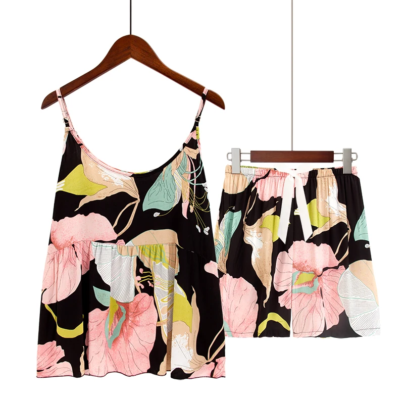 

Женские пижамные комплекты размера плюс S-3XL, пижамные шорты из 100% вискозы с принтом и бретельками, домашняя одежда для женщин