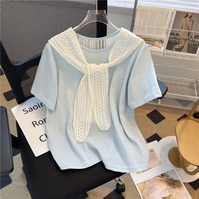 EBAIHUI Fake Two Piece Design Women T-shirt Summer Fashion Lace Patchwork Ladies Short Sleeve Tee Round Neck Chic Versatile Top