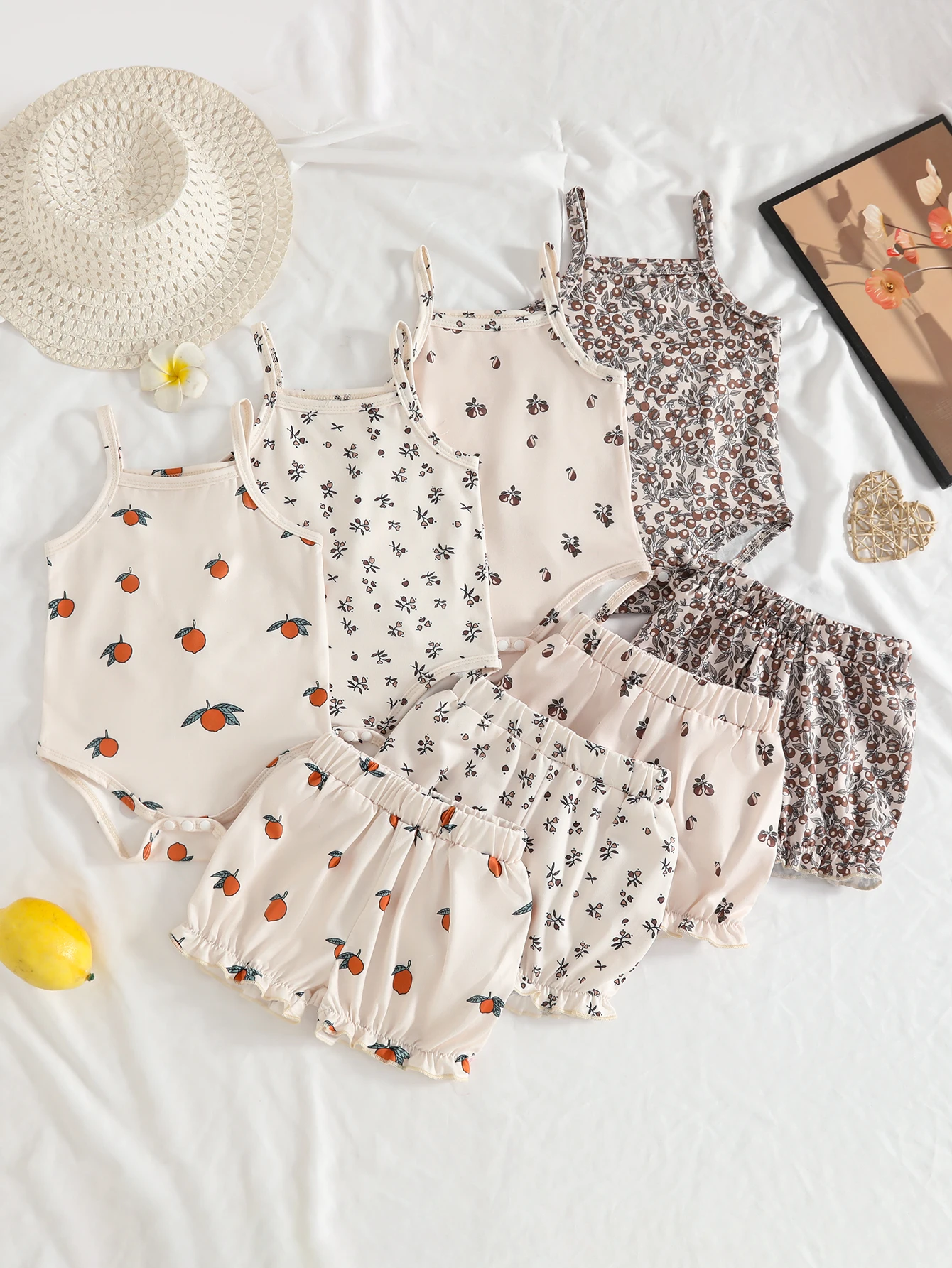 Baby Girl Summer Vintage Floral Citrus Print Cami Bodysuit Ruffle Elastic Shorts 4Pcs Set Newborn Vacation Soft Outfit