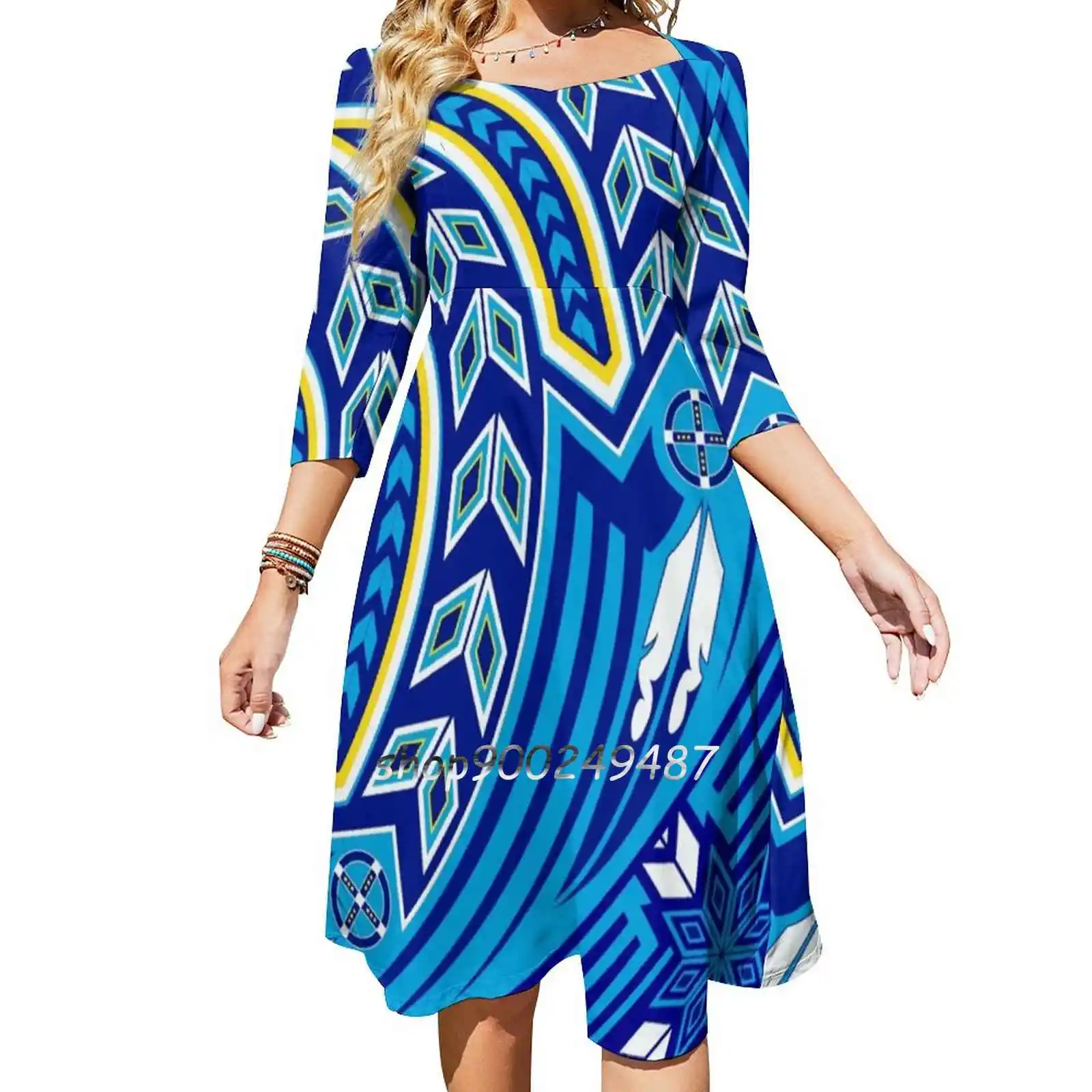 Wind Spirit Square Neck Dress Cute Loose Print Dresses Elegant Beach Party Dress Wind Designs Melvin War Eagle Blue Design