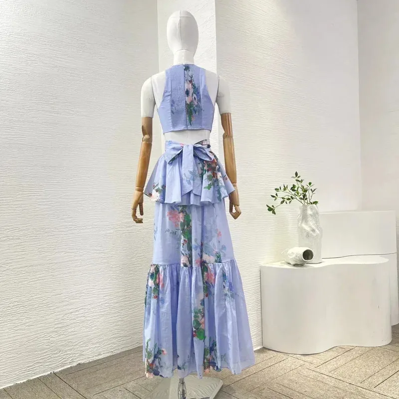 Women Summer Dress Beach Style New Pure Cotton Sleeveless Floral Print Pleats Design Cut Out Shirred Frill Women Midi Dresses