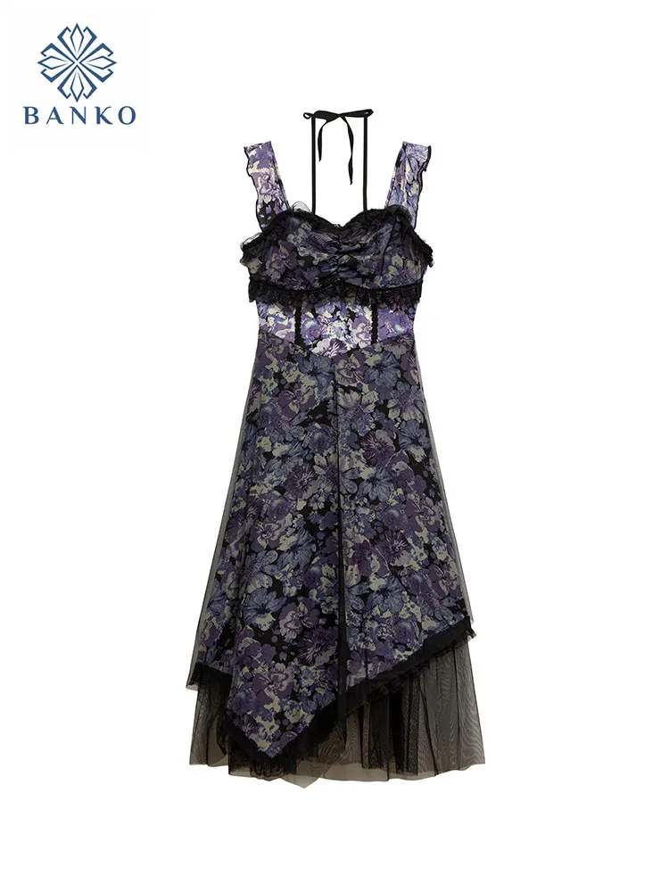 

New Design Fashion Gauze Spaghetti Strap Dress Women Sexy Patchwork Floral Dress Summer Sweet Elegant Romantic One-Piece Frocks