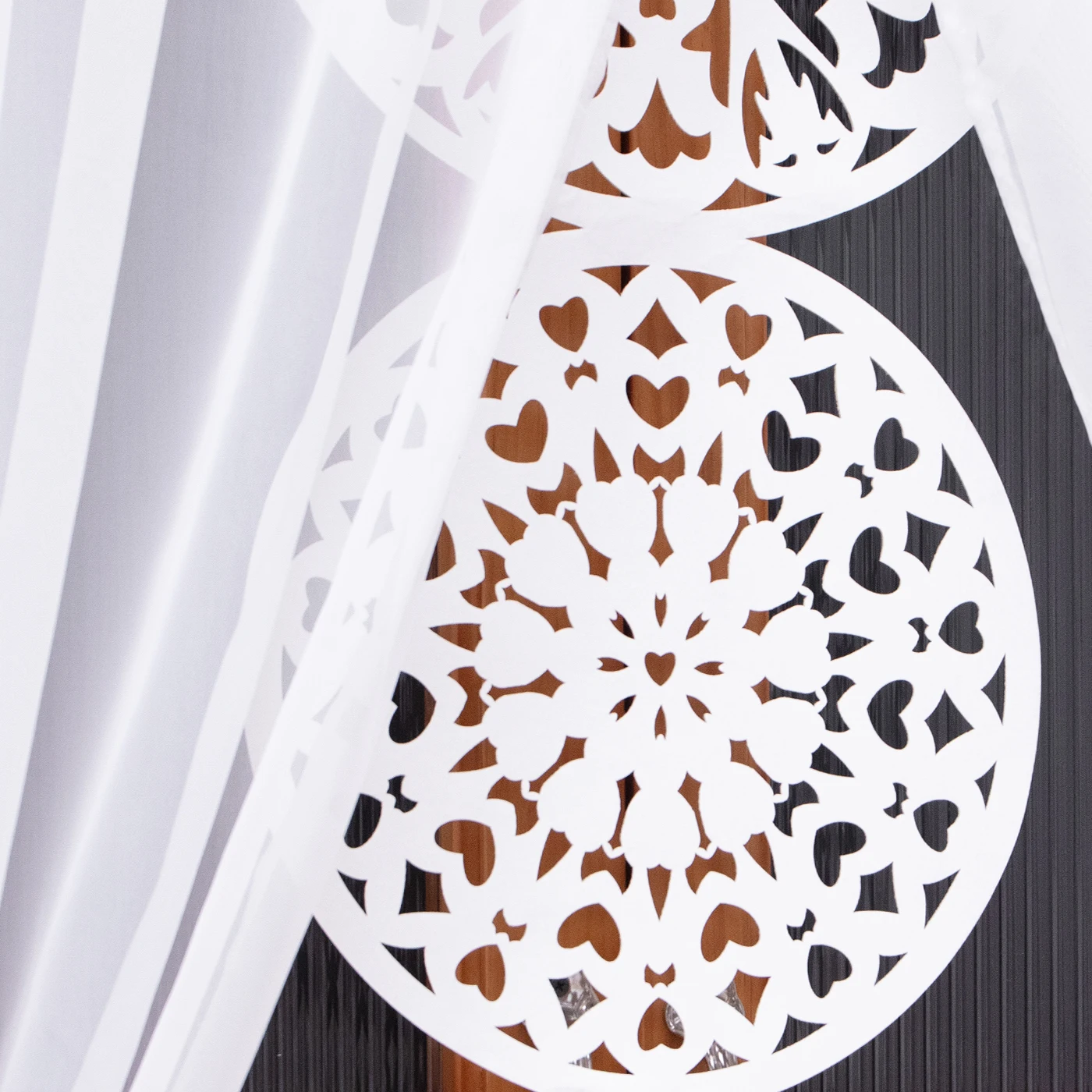 1 Set 2Pcs Rod Pocket French Chiffon Sheer Curtains With Hollow Dreamcatcher Pendant, For Living Room, Lovely Housewarming Gift