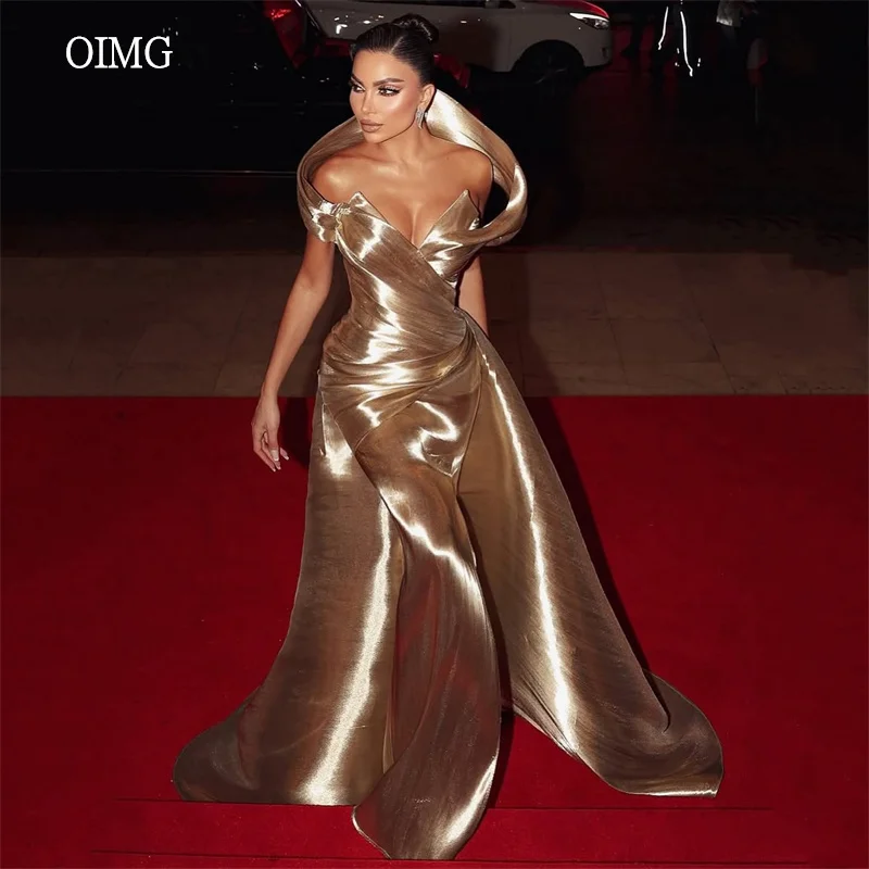 

OIMG Modern Shiny A Line Prom Gowns Off The Shoulder Party Gown Floor Length Evening Dress vestidos de festa Customized