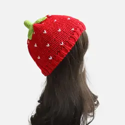 Sweet Strawberry Hat Comfortable Handmade Decorative Adult Creative Red Fruit Versatile Knitted Hat Skull Cap Knitted Beanie Cap