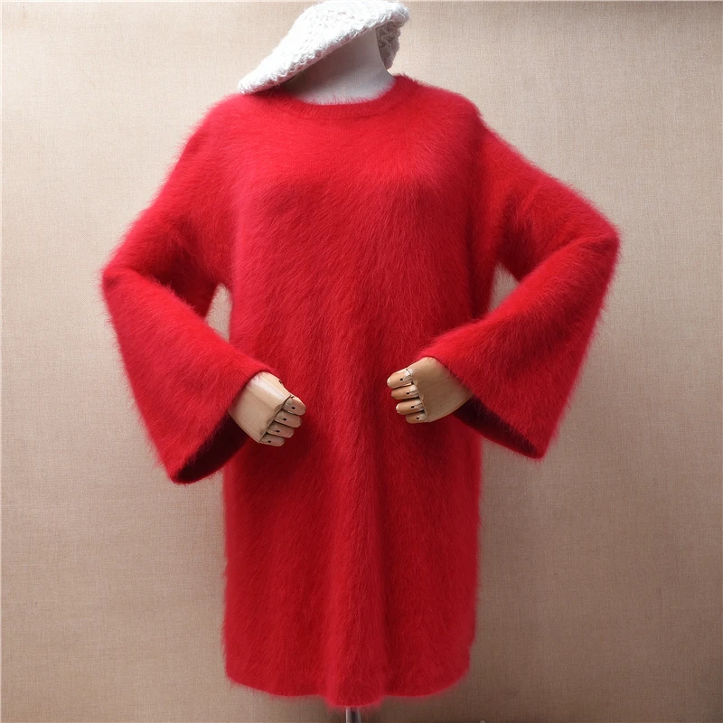 

Female Women Fall Winter Clothing Red Hairy Plush Mink Cashmere Knitted O-Neck Long Flare Sleeves Loose Long Sweater Dress Pull