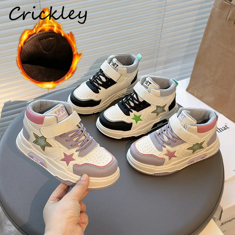 

Winter Star Children Sneakers Patchwork PU Hook Loop Girls Boys Casual Shoes Fashion Short Plush Warm Soft Kids Sport Shoes