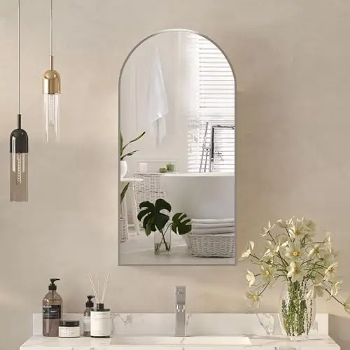 Arched Medicine Cabinets with Mirror,Wall Mounted Brushed Nickel Mirror Cabinet for Bathroom, Metal Edge 16 x32 Inch