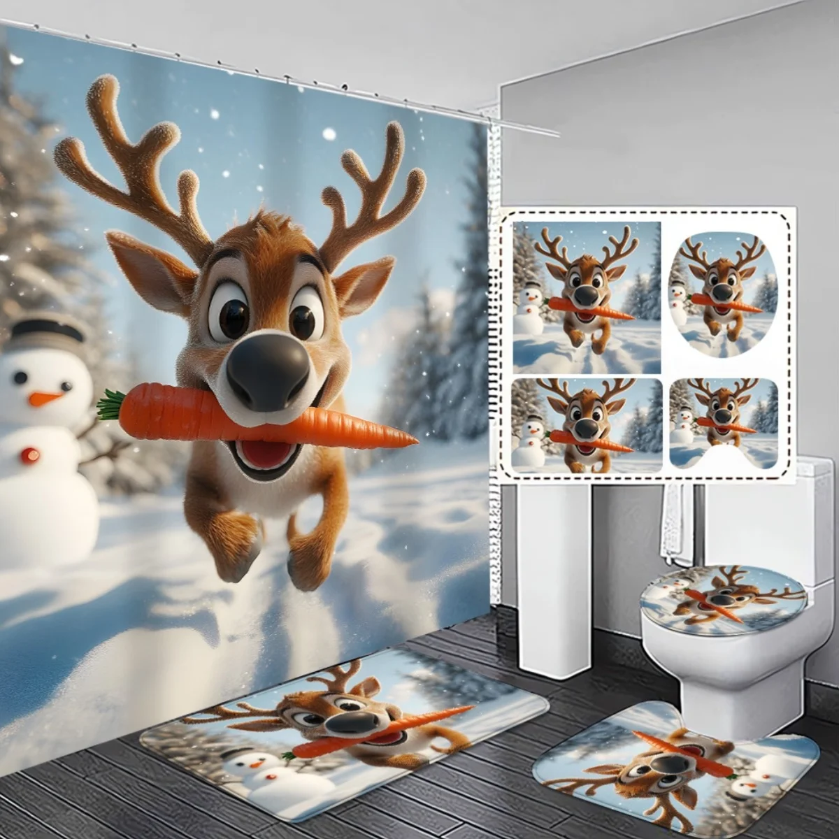 

4pcs Cute Christmas Reindeer Bath Curtain Set with Non-Slip & Toilet Lid Cover - Snowy Winter Scene, Durable Fabric, Easy