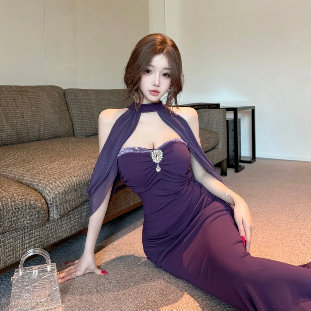 

Ele Purple Strapl High-waisted Bodycon Dr Fall Winter Long Skirt One-piece High-waisted Slimming Women's Dr
