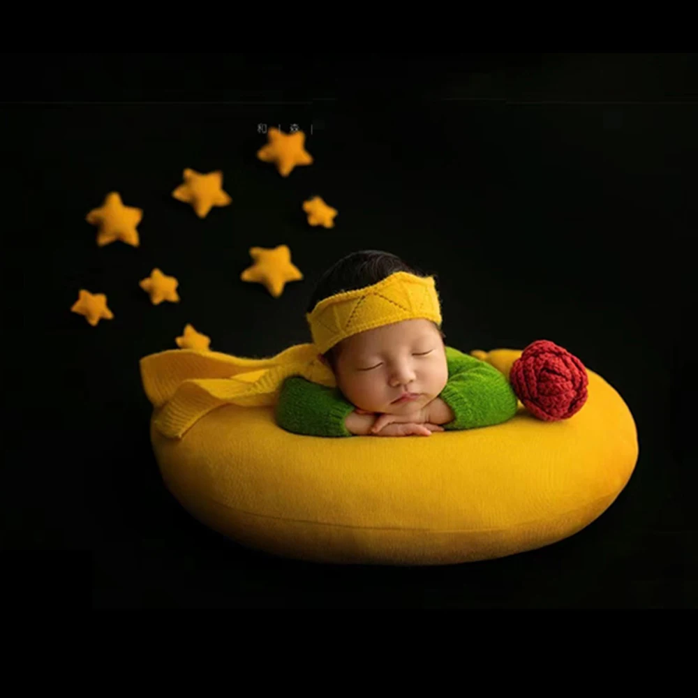 Knit Costume for Baby Knitted Jumpsuit Crown Hat Scarf Little Prince Newborn Cosplay Photography Outfit Moon Pillow Photo Props