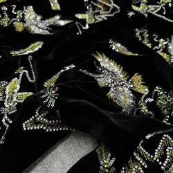 135CM Wide Birds Mountains Beading Silk Velvet Fabric by Meter for DIY Sewing Dress Jacket Pants for Spring Autumn Winter R1712
