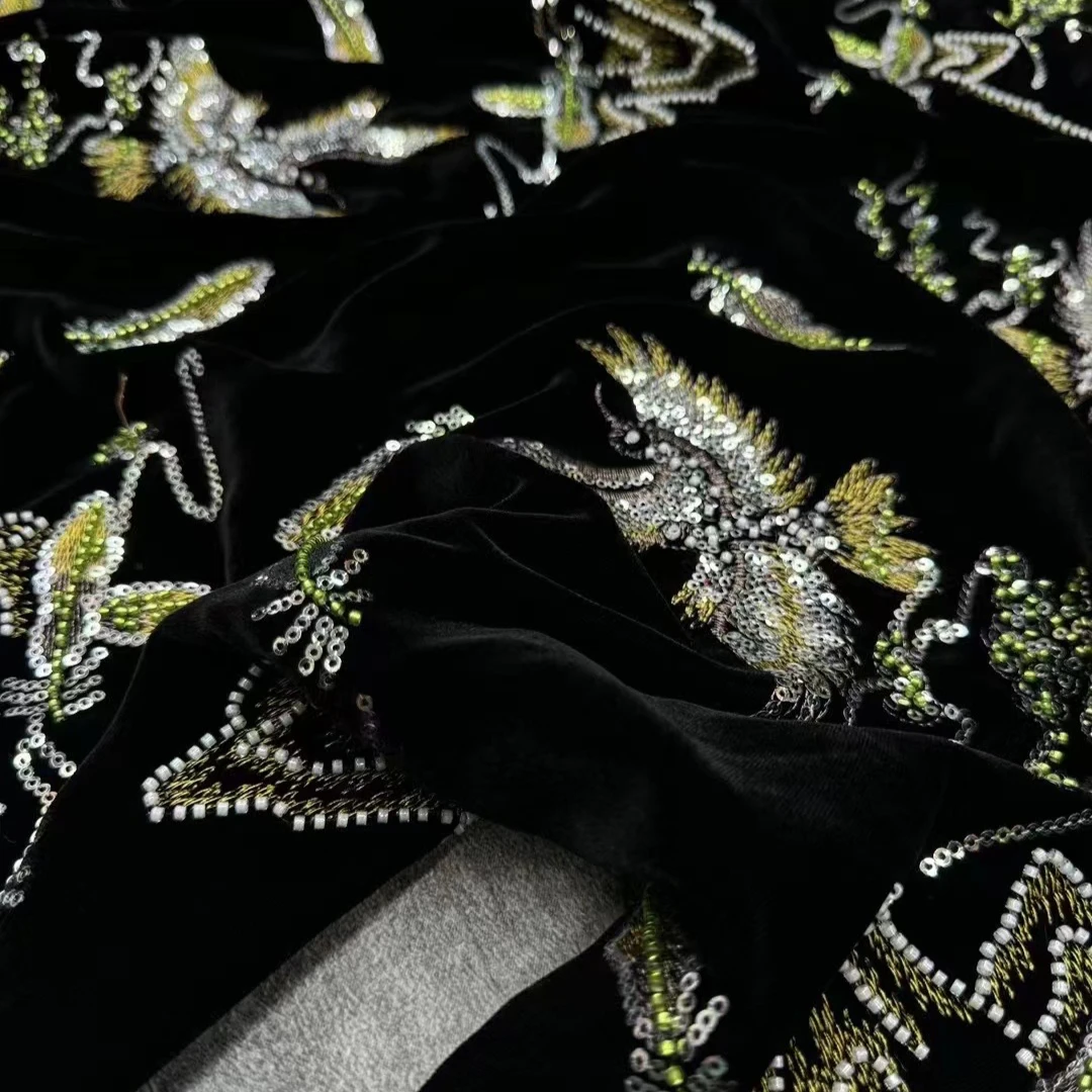 135CM Wide Birds Mountains Beading Silk Velvet Fabric by Meter for DIY Sewing Dress Jacket Pants for Spring Autumn Winter R1712