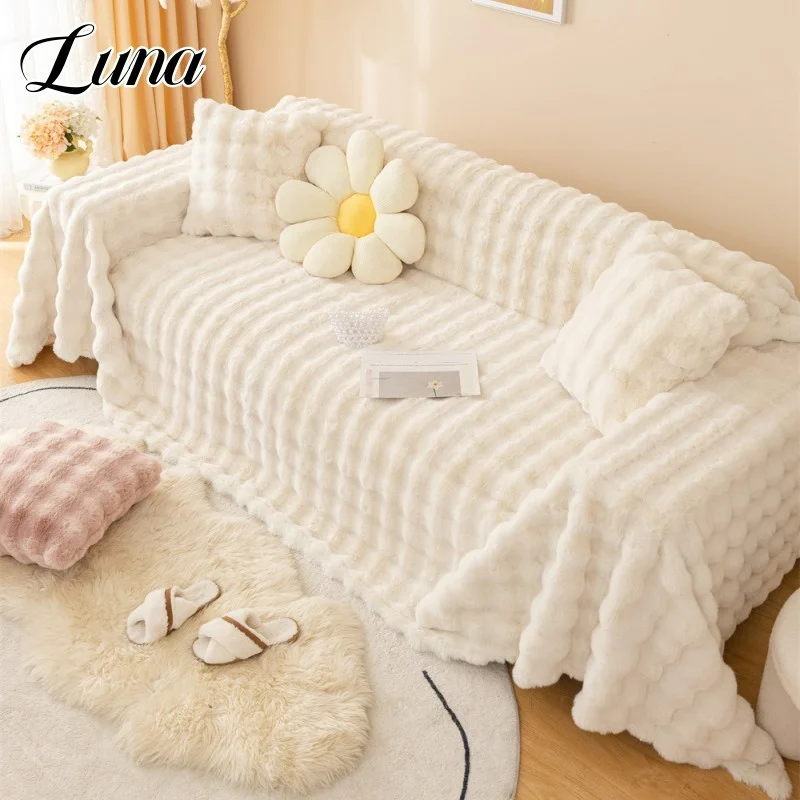 Luxury Faux Fur Sofa Covers for Living Room Warm Winter Super Soft Plush Couch Covers Bubble