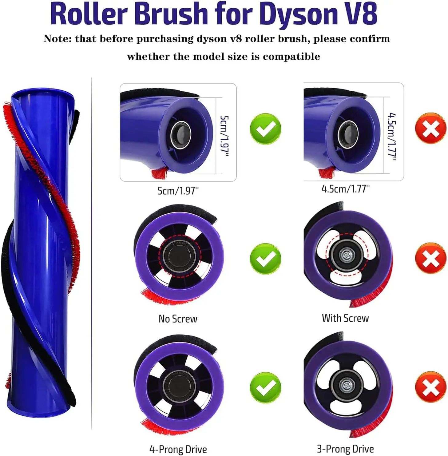 Replacement Brush Roller for Dyson V8 Cordless Vacuum Cleaner Brush Bar Assembly (4 Prong Drives & No Screw)