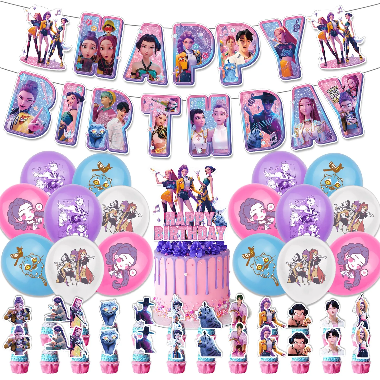 Kpop Demone Decorazione festa di compleanno Gruppo cacciatore Forniture per feste di compleanno Huntrix Kpop Anime Cake Topper Palloncini Bandiera appesa