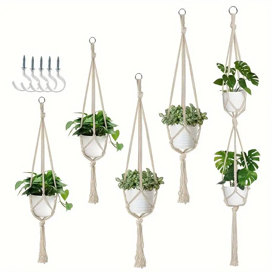 5pcs Bohemian Handwoven Macrame Plant Hangers with 5 Hooks, 3 Sizes for Indoor/Outdoor Home Decor