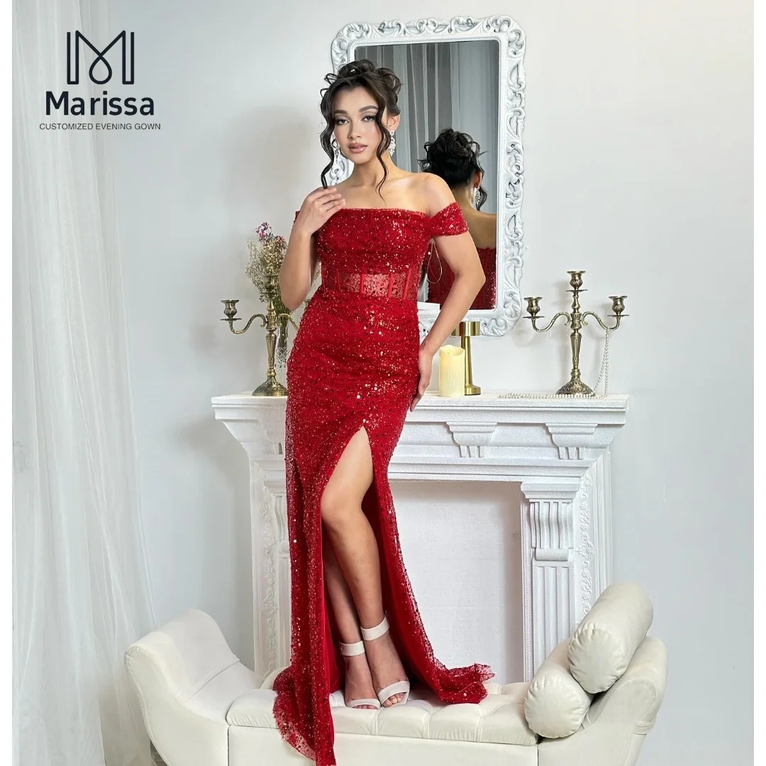 Marissa 스팽글 레드 우아한 이브닝 드레스 여성용 럭셔리 여성 우아한 파티 드레스 피쉬 테일 슬릿 맞춤 제작 오프 숄더