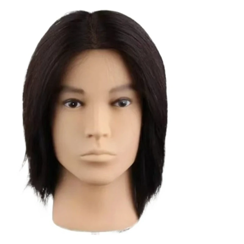 Human Hair Male Mannequin Head for Barbershop Apprentice Hair Cutting Perming and Dyeing Styling Men's Doll Head