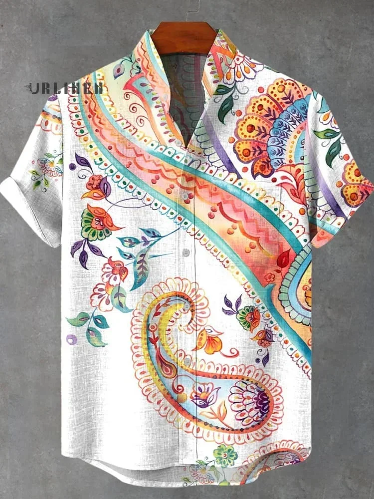

Men's 100% Linen Shirt Vintage Multi-Color Floral Paisley 3D Printed Stand up Collar Casual Fashion Standalone Garment