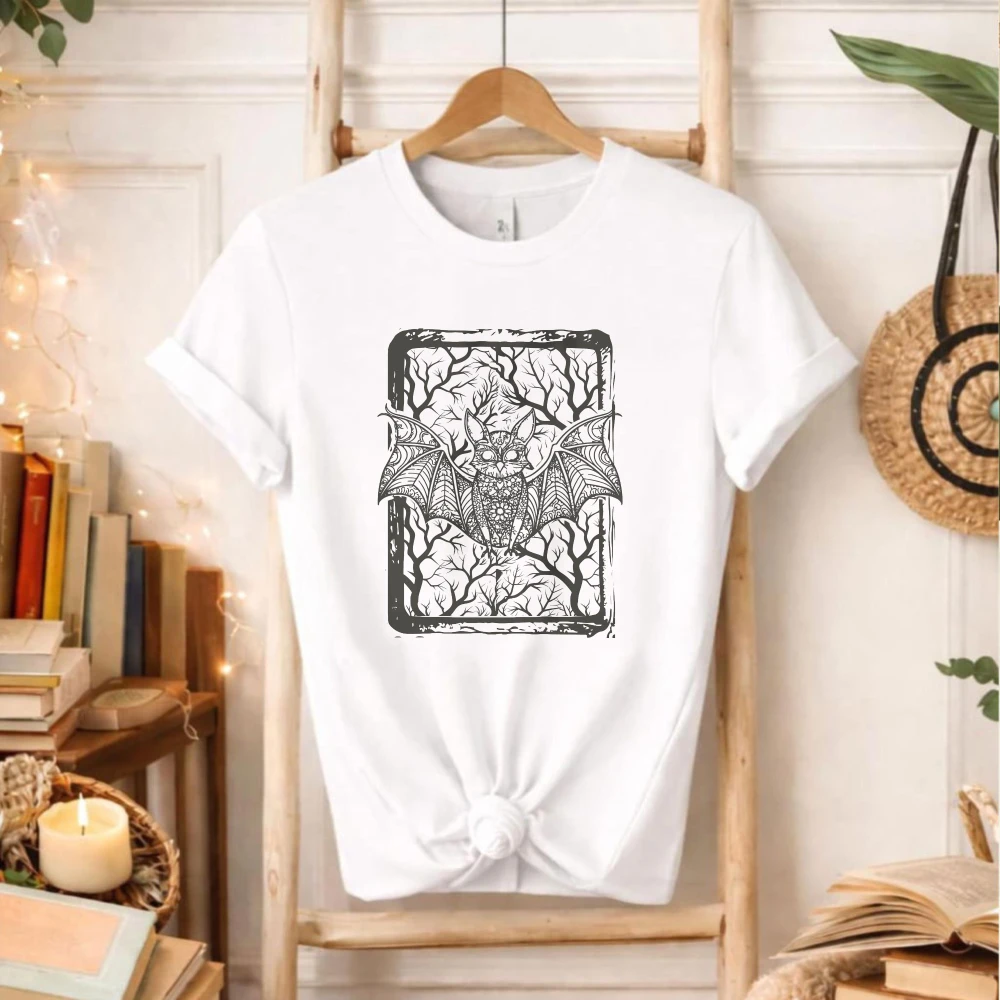 Bat Tarot Card Graphic T‑Shirt Mandala Bat Bare Tree Distressed Rectangular Frame Gothic Dark Art Halloween Witchy Casual Tops