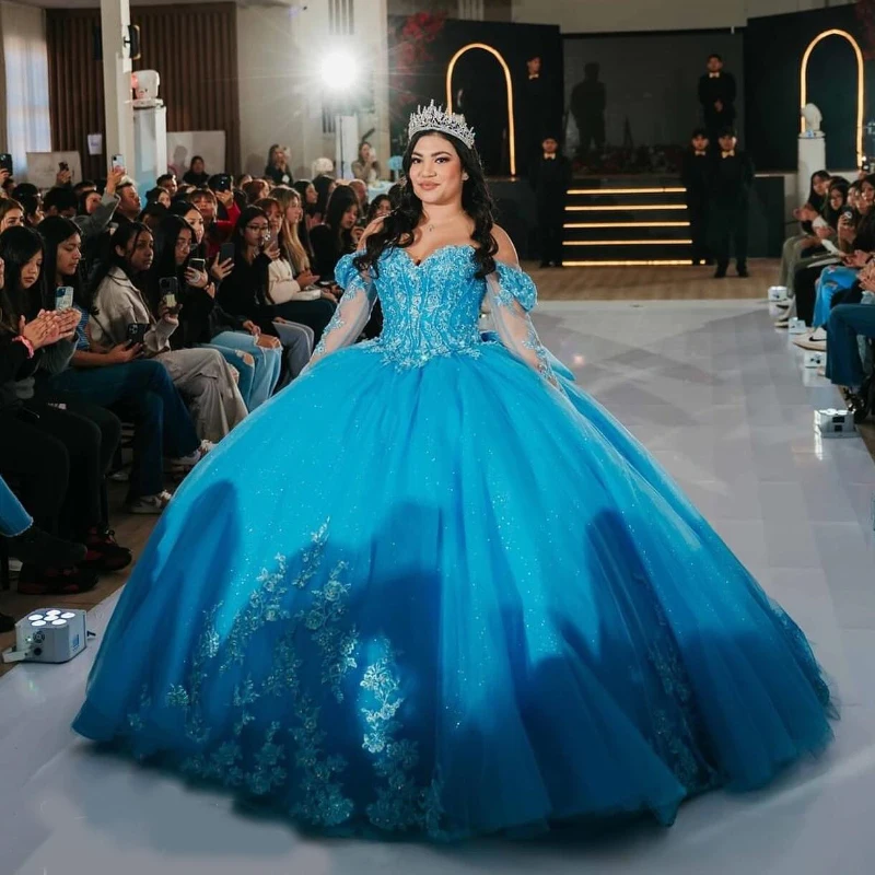 

Aqua Blue Shiny Princess Quinceanera Dresses Ball Gown Off The Shoulder Applique Lace Tull Corset Sweet 15 Vestidos De XV Anos