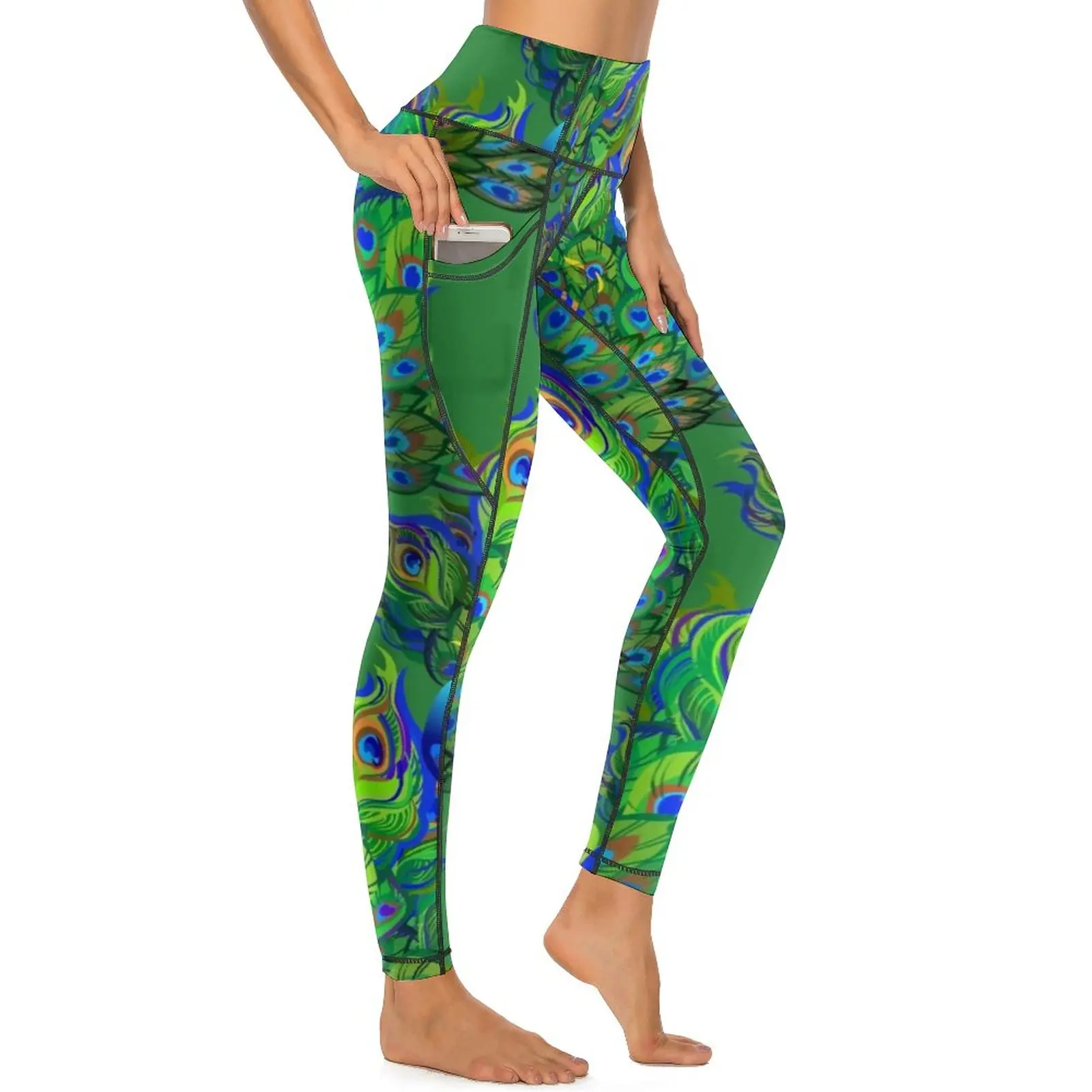 Peacock Feathers Leggings Blue Green Animal Fitness Running Yoga Pants High Waist Retro Leggins Quick-Dry Graphic Sports Tights