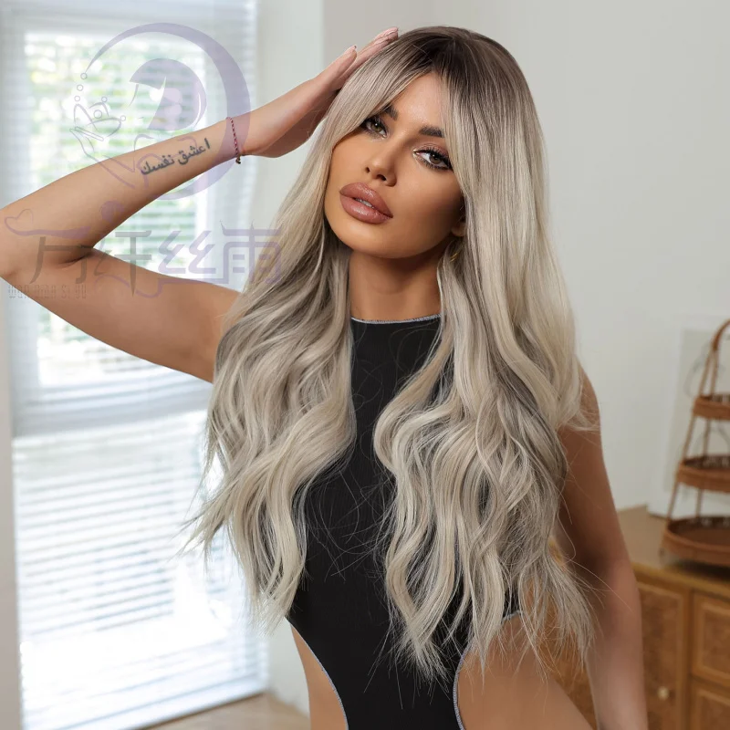 European and American style with bangs, light gray hot-dyed fluffy long wavy hair, full head wig