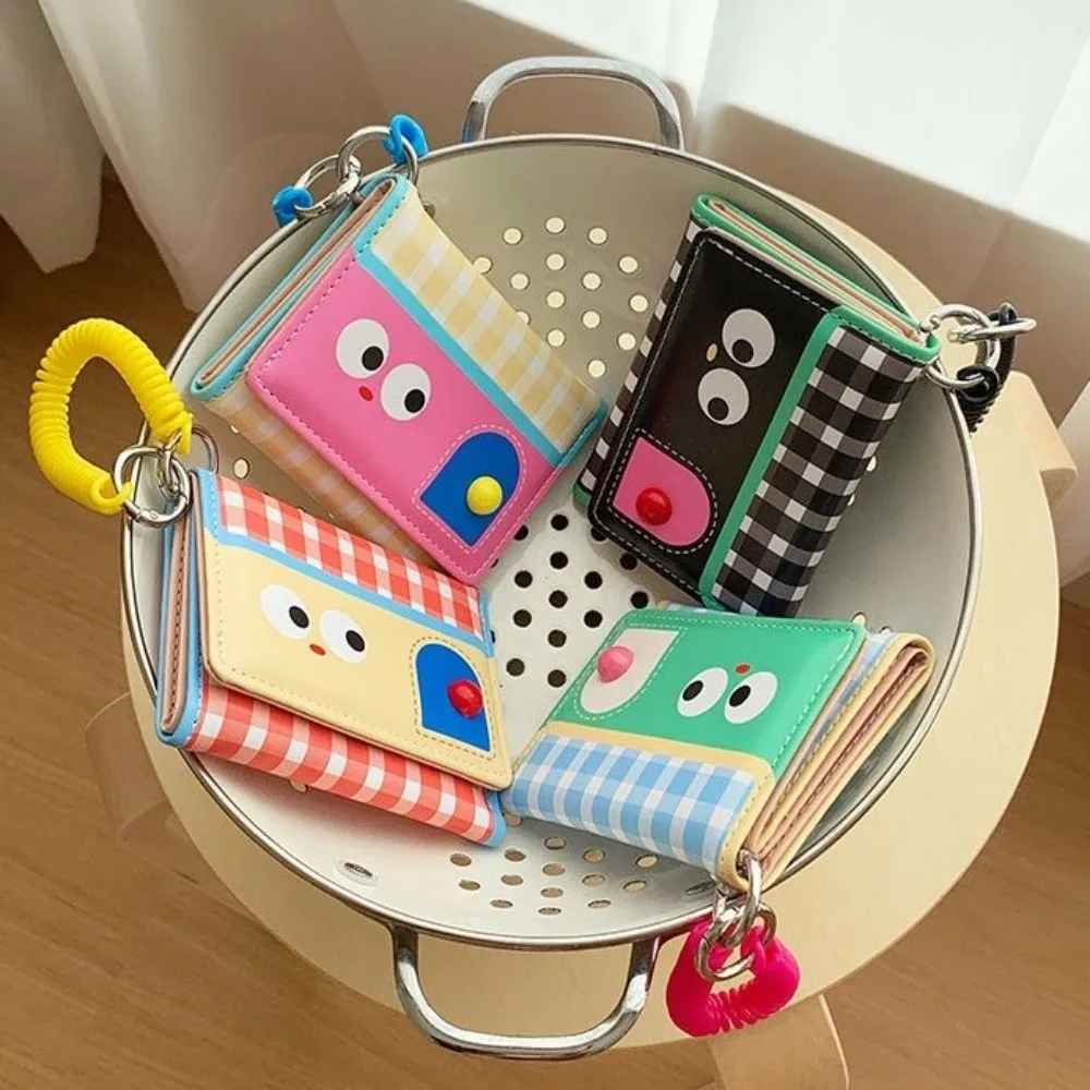 Multifunctional Dopamine Color Short Wallet Ultrathin Spring Rope Leather Card Holder Tri-fold Compact Cartoon Coin Purse Women
