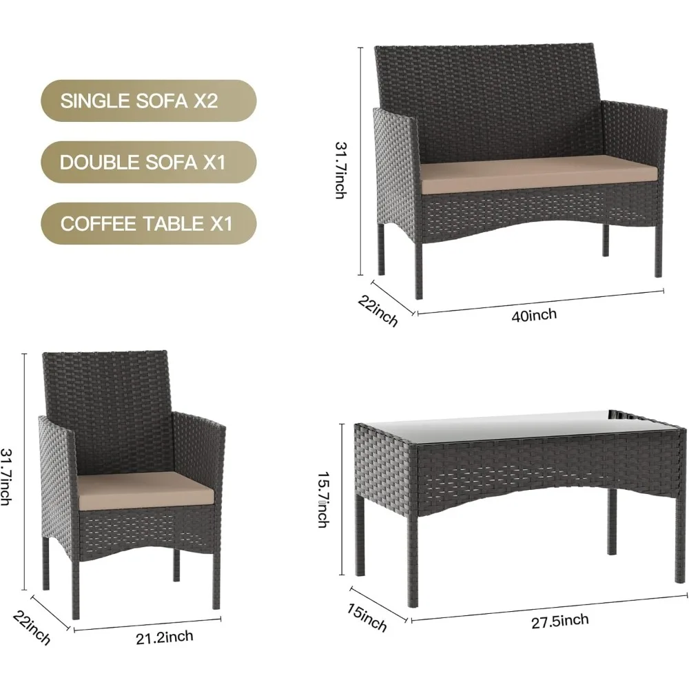 

4 Piece Patio Furniture Set,Outdoor Furniture Set with Soft Cushion and Glass Table, Modern Rattan Chairs Conversation Set