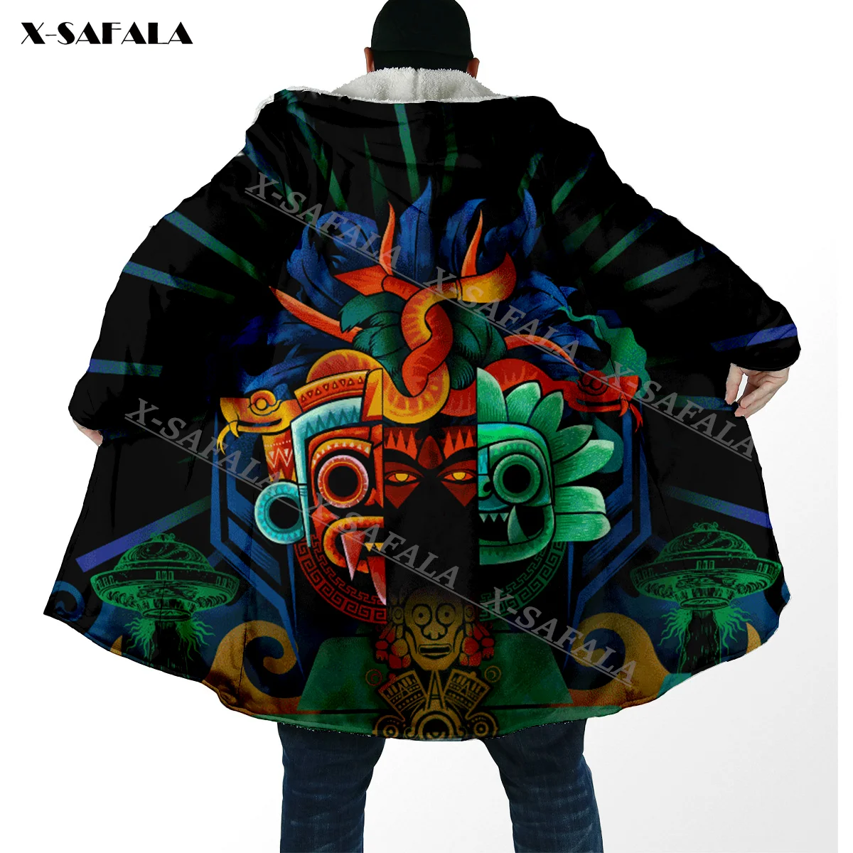 

Aztec Tezcatlipoca Quetzalcoatl Deities Mural Art 3D Print Hoodie Long Fur Collar Hooded Blanket Cloak Quilted Cashmere Fleece