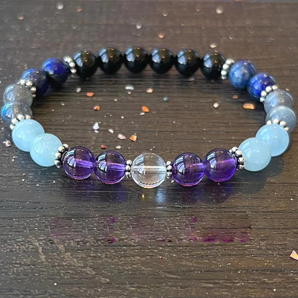 MG1760 8 MM Labradorite Amethyst Lapis Lazuli Bracelet Natural Aquamarine Black Tourmaline Jewelry Safe Travels Wrist Mala