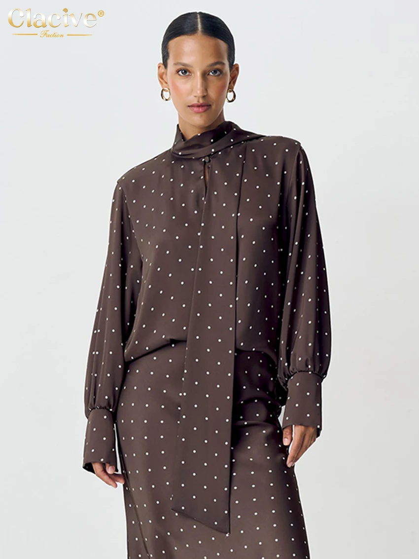 

Clacive Fashion Loose Print Women's Shirt 2025 Casual Bow Collar Long Sleeve Lady Shirts Elegant Classic Top Female Clothing