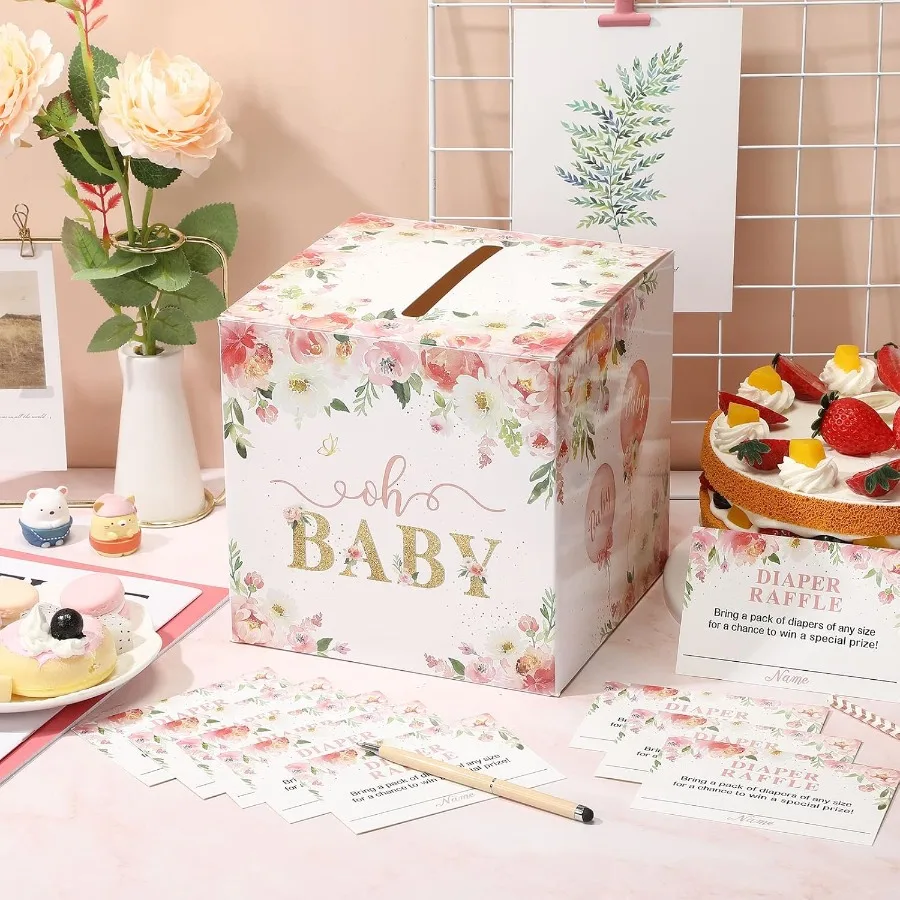 50 Uds. Boletos de rifa de pañales florales con caja de tarjetas de rifa de pañales para decoración de Baby Shower, tarjetas y caja de billetes florales con conservación