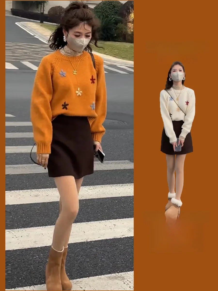 

Korean Sle round Ne Knitted Sweater And Skirt Two-Piece Set for Young Women Chic Winter Workwear Polyester Fiber