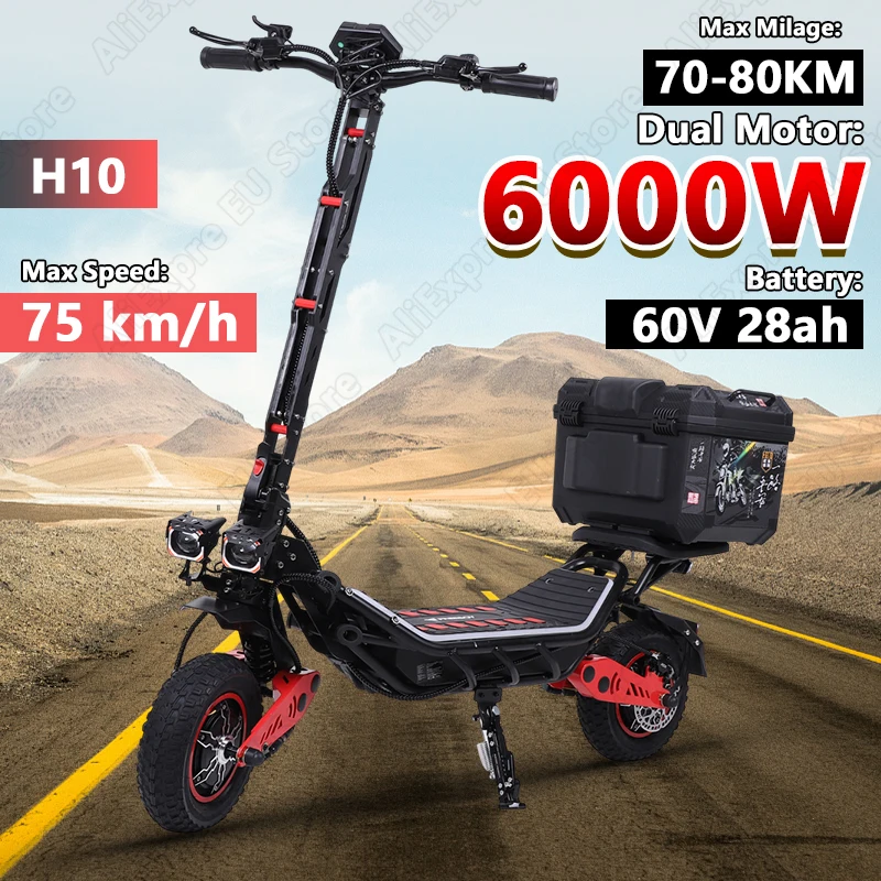 FREEBOY H10 E-Scooter Geschenk-Set mit Werkzeugkasten, 6000W Doppelmotor, 60V 28AH Akku, 75km/h Höchstgeschwindigkeit, 12-Zoll-Reifen, Elektroroller mit Hydraulischer Bremse