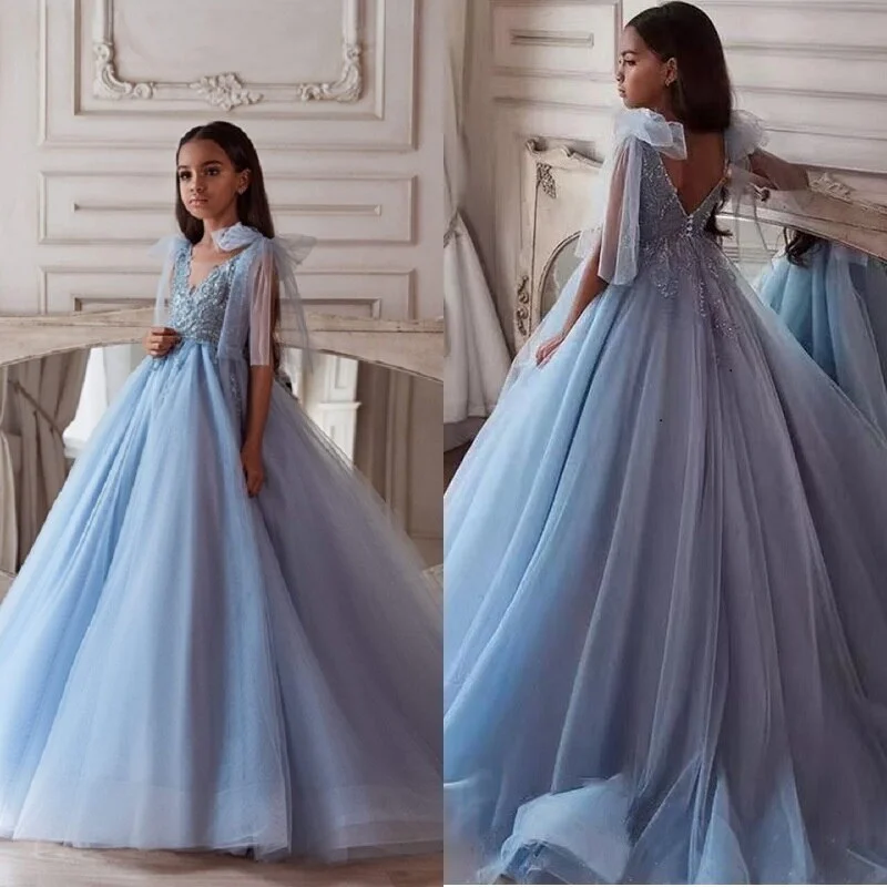 Light Luxury Lace Trailing Flower Girl Dress Tulle Shoulder Bow Beaded Sequin Princess Dress 2026 Girls Wedding Formal Party
