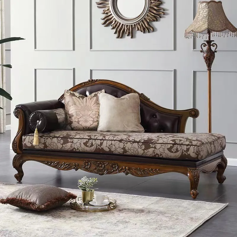 Sofa z litego drewna, sofa skórzana artystyczna, sofa trzyosobowa w stylu europejskim, rzeźbiona sofa do salonu, fotel wypoczynkowy z tkaniny.