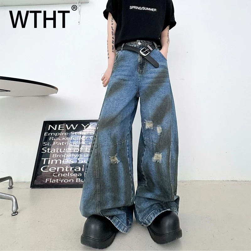 

WTHT Vintage 2025 Autumn Men's Tie-dye Hole Burr Edge Design Denim Pants Trendy High Street Loose Wide Leg Jeans Male 2A1453