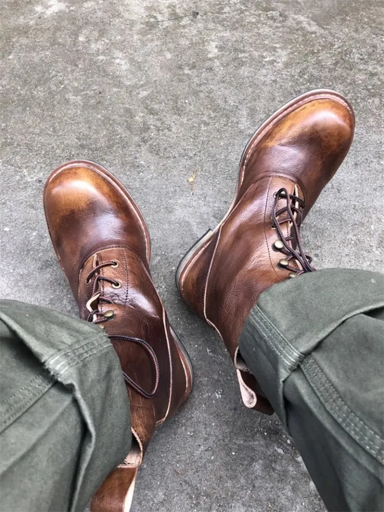 Genuine Leather Handmade Motorcycle Short Boots Mens Red Wine Lace Up Round Toe Vintage High Top Shoes Autumn Equestrian Boots