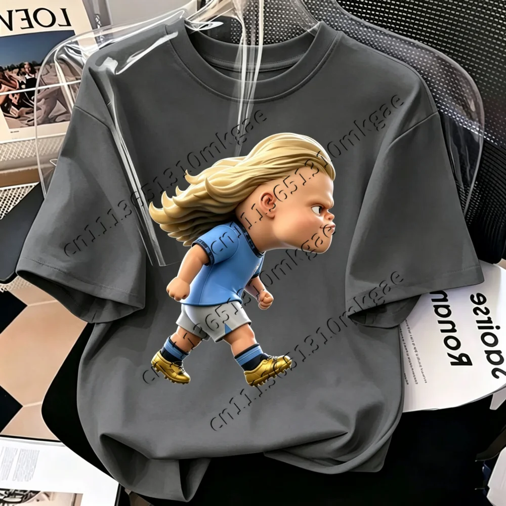Herren Damen Freizeit Kurzarm T-Shirt Niedliche Q-Version Haaland Cartoon Fußballstar LooseTops Sportfans Kinder Alltags-Shirts – Detail 7