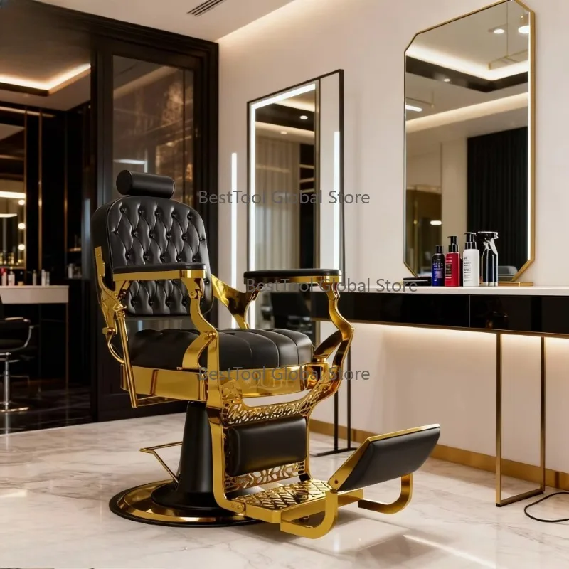 Who-lesale An-tique Style Ret-ro Sha-ving Hyd-raulic Pump Men's Bea-uty S-alon Bar-ber Chair Black Gold Tufted Leather Chair