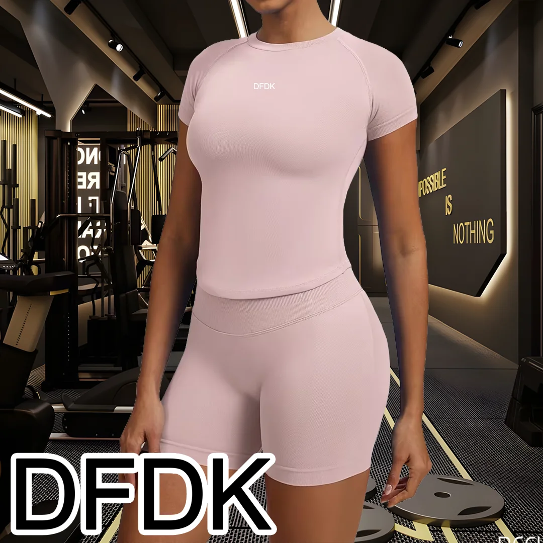 DFDK Summer Women Short Sleeve Sports Blouse Round Neck Elastic Slim Fit Moisture Wicking Breathable Pilates Training T-Shirt