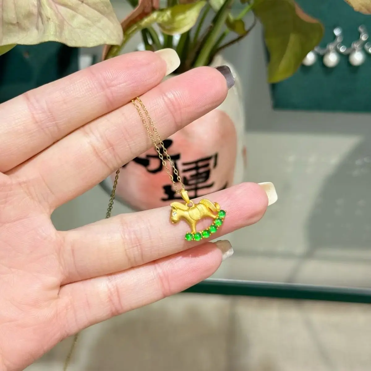 natal year natural ice king green jadeite gold pony pendant S925 inlaid get rich now rich necklace