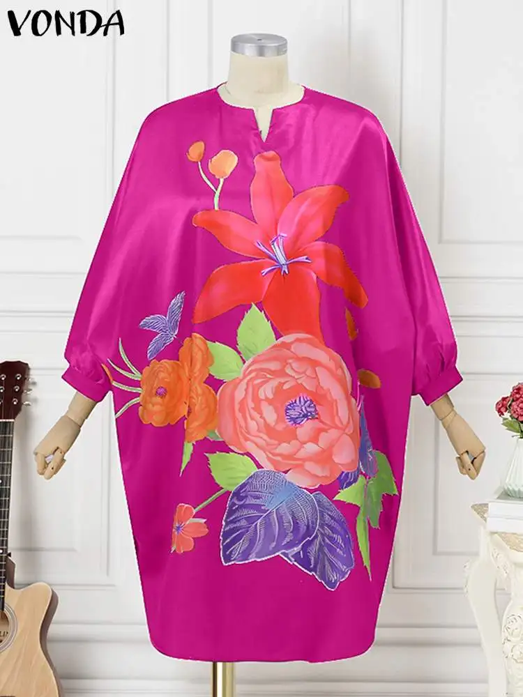 VONDA-Robe mi-longue élégante à imprimé floral bohème pour femmes, manches chauve-souris, décontracté, robe rétro, automne, grande taille, 5XL,